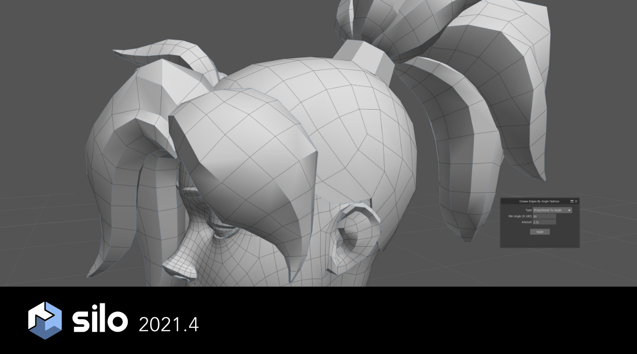 D wireframe model of a head with stylized hair in a ponytail, and a black banner on the bottom with white text reading Silo 2021.4
